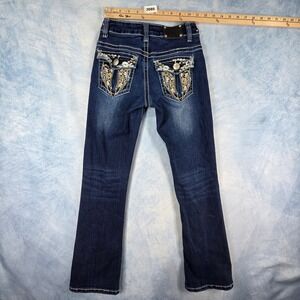 Wired Heart Womens Embroidered Wing Flap Pocket Dark Wash Bootcut Jeans Size 10